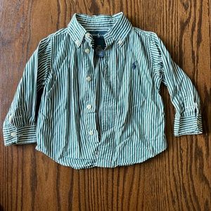 Ralph Lauren boys green and white striped button up, good condition size 12 mo